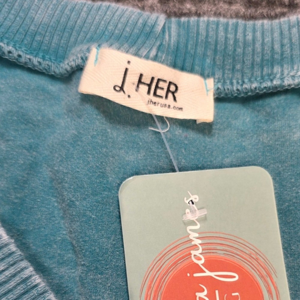 J. HER Mineral Wash Top Women's Size M Teal Blue V-Neck Long Sleeve Cotton NWT - Picture 3 of 8